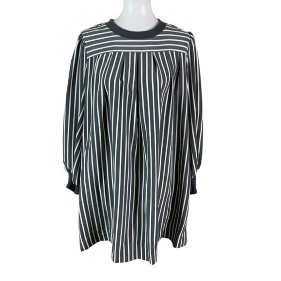 LDT Striped Balloon Sleeve Tunic Dress Gray White Modest Chic Oversized 12 - Picture 1 of 7